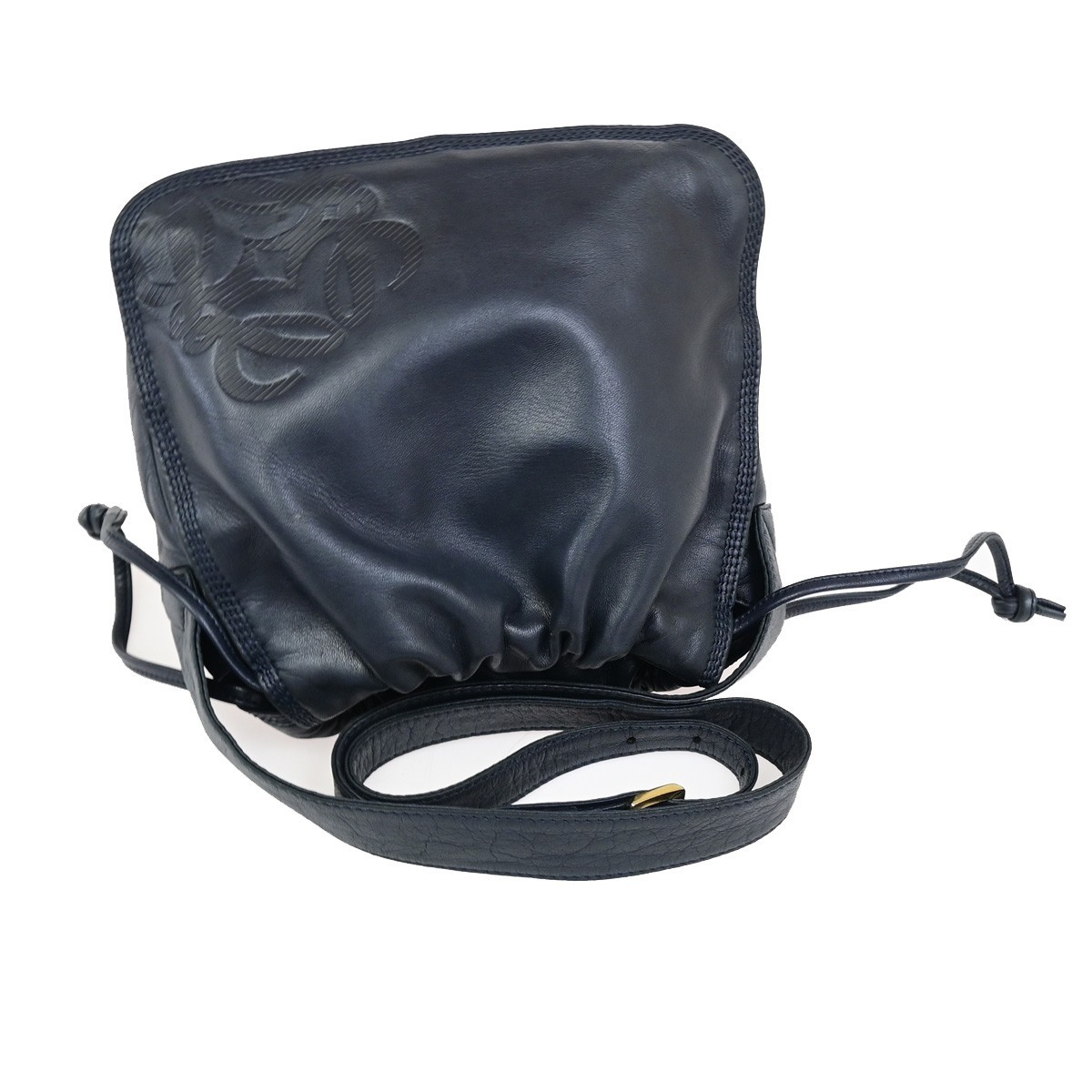 LOEWE Logo Drawstring Anagram Shoulder Bag Leather Navy Blue GHW Spain 83KD267