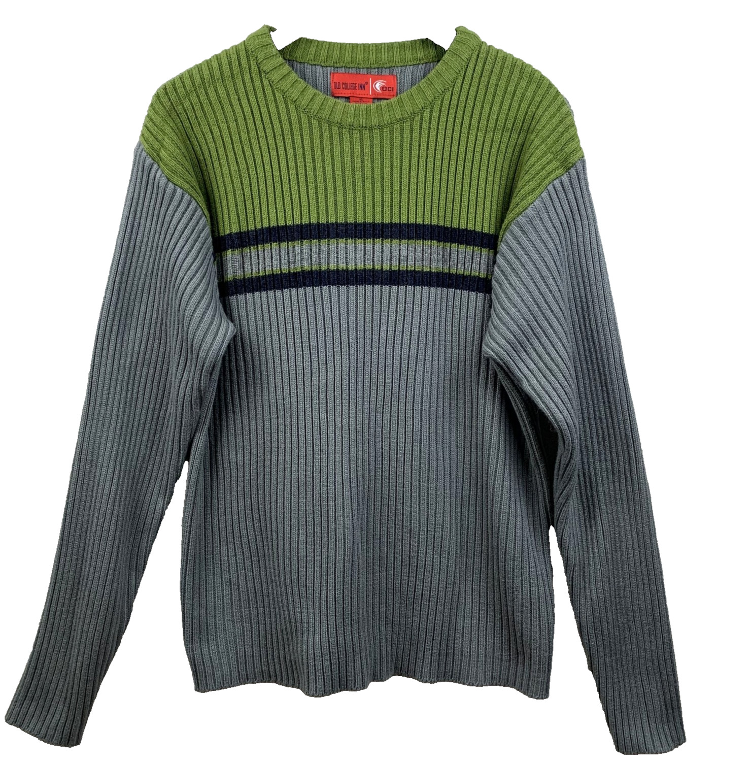 Old College Inn Sweater Men’s XL Green Gray Ribbed Stripe Pullover Korea Acrylic