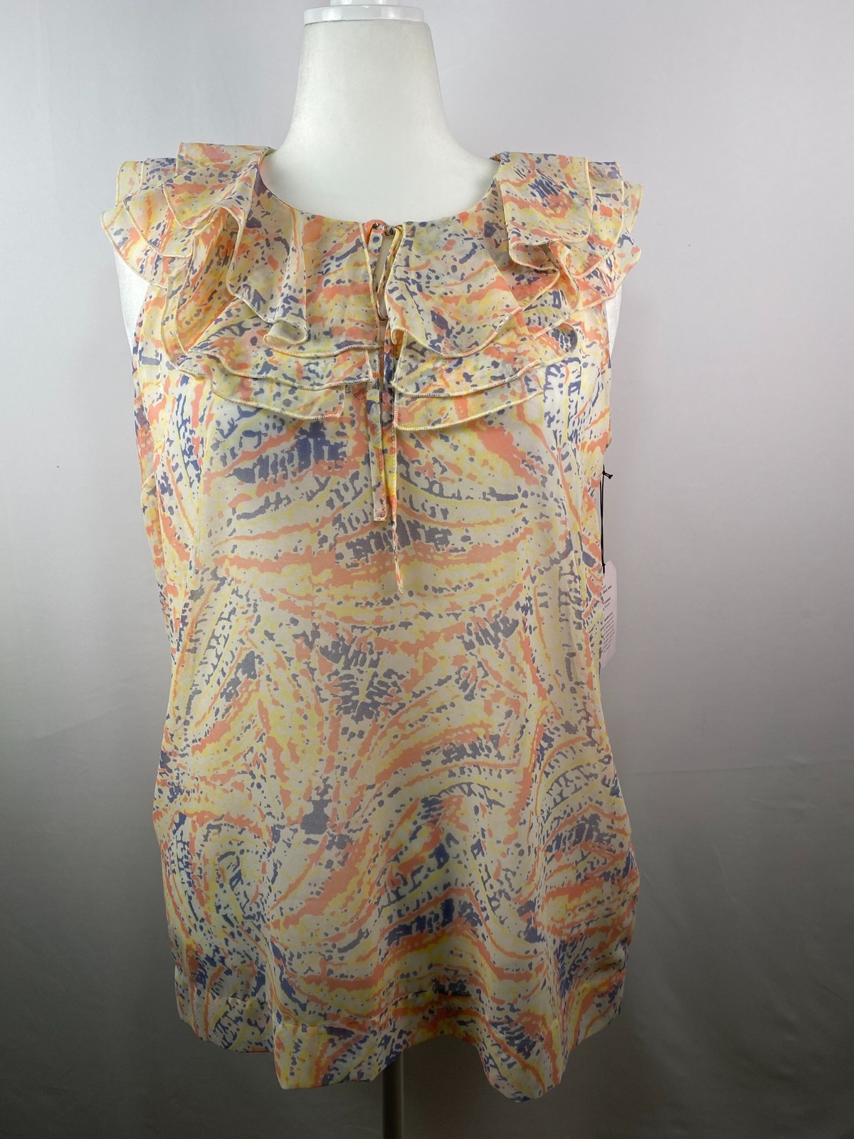 CAbi Multicolor Ruffle Neck Style #837 Sheer Geometric Top NWT Sz L