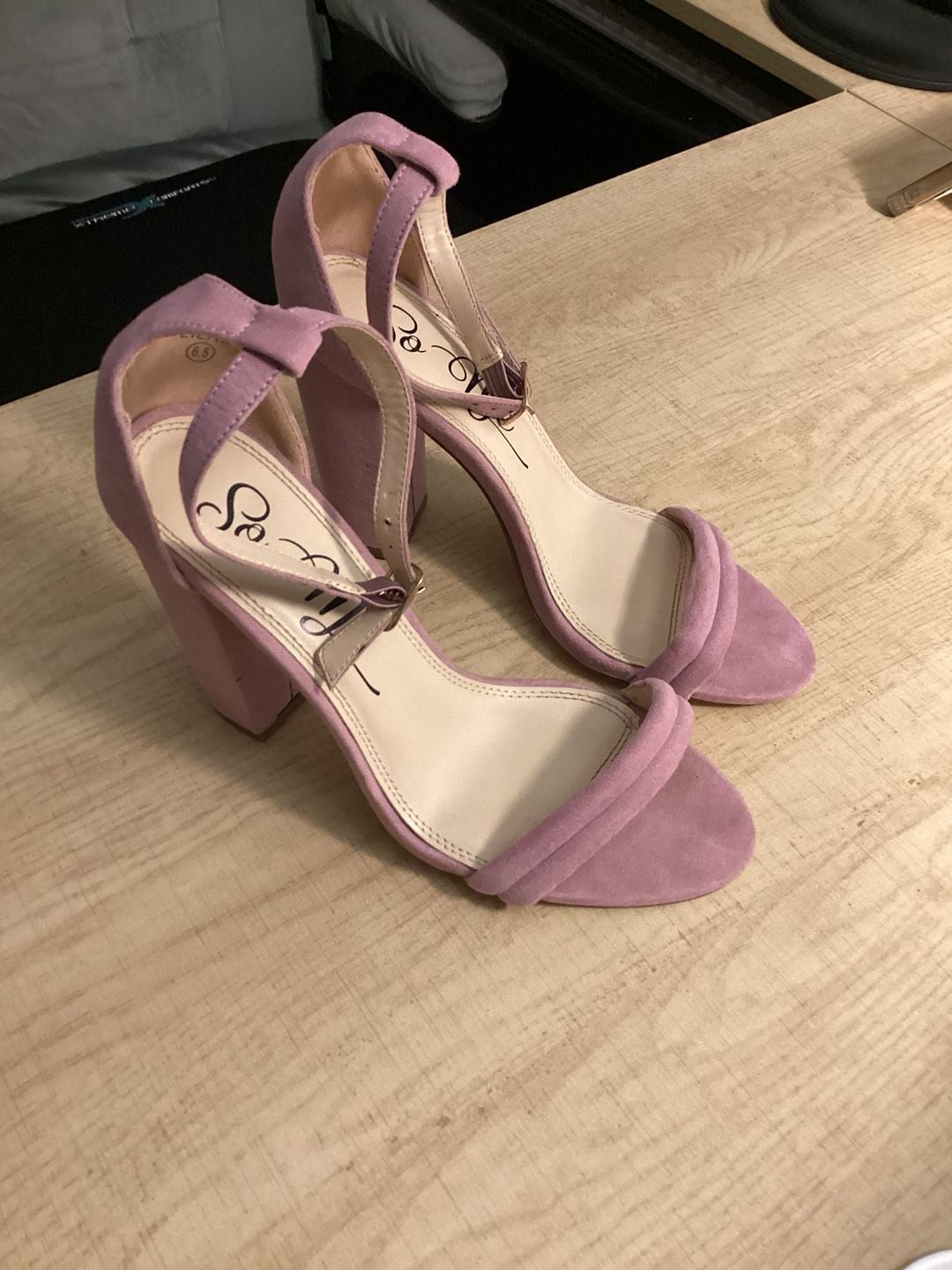 So Me Suede Ankle Strap Block Heels in Lilac