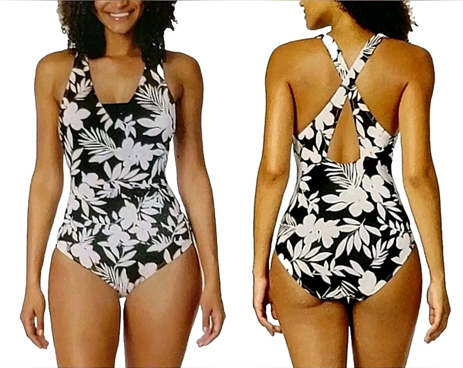 Lands End Women’s M Ruched Tummy Control Crossback Swimsuit Black White Floral