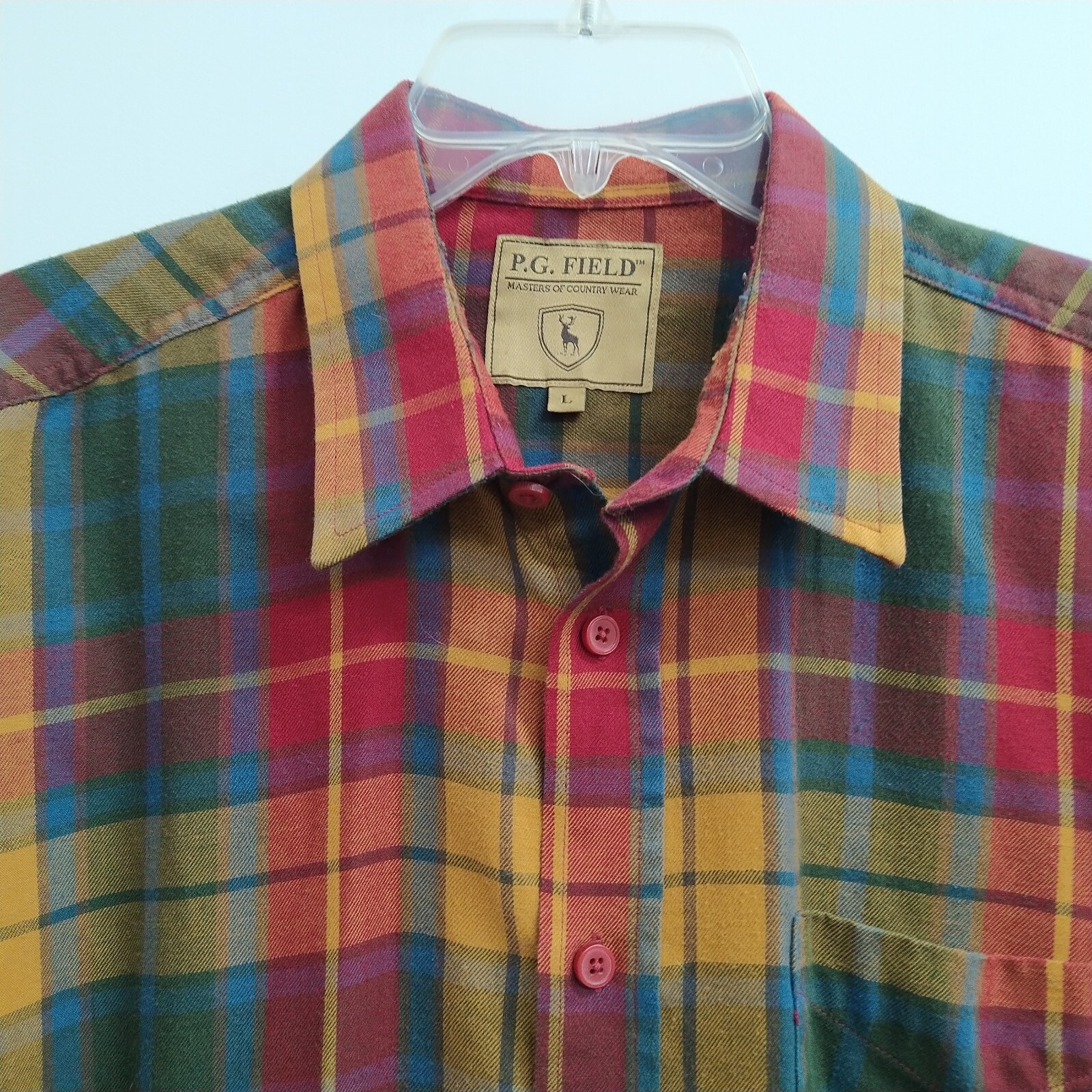 P.G. Field Mens Button Up Shirt Size Large Red Plaid Colorfull Long Sleeve