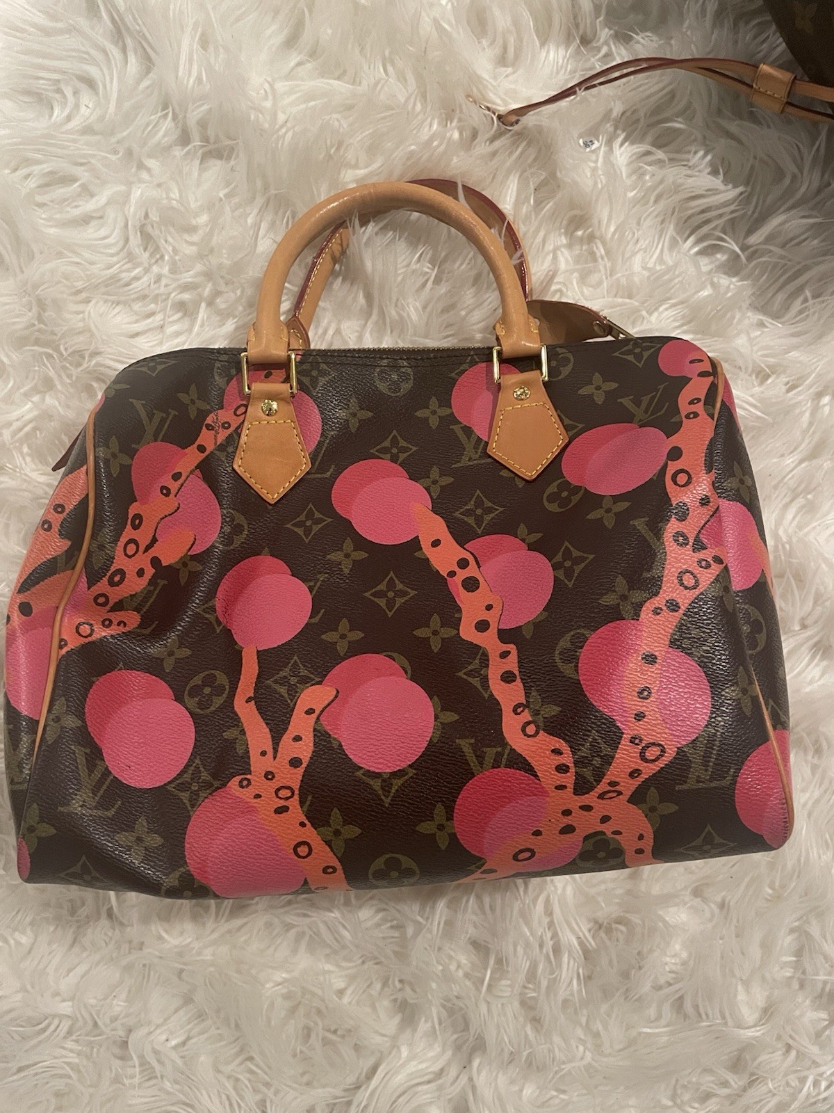Louis Vuitton Monogram Brown Speedy Satchel Zip Top Pink Cherry Print Strap