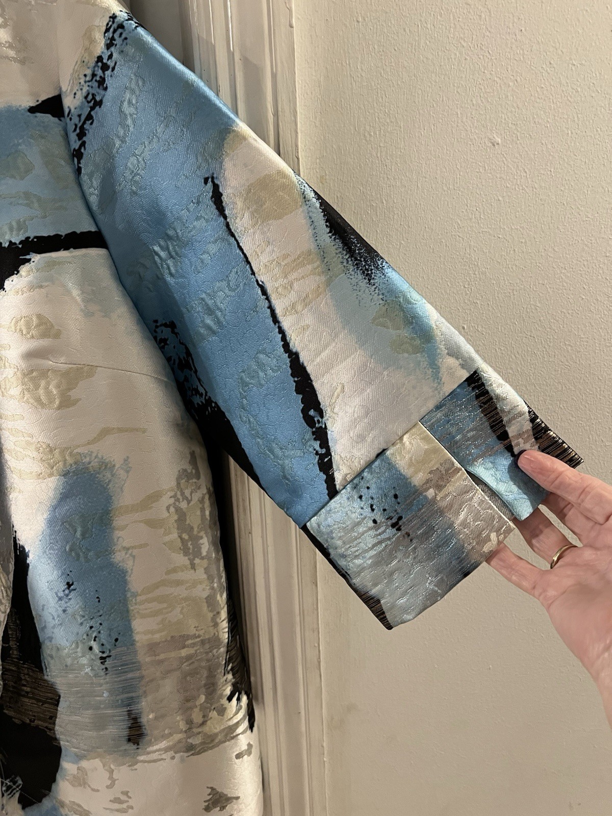 Ming Wang Blue Black Abstract Print Open Front Jacket Sz L