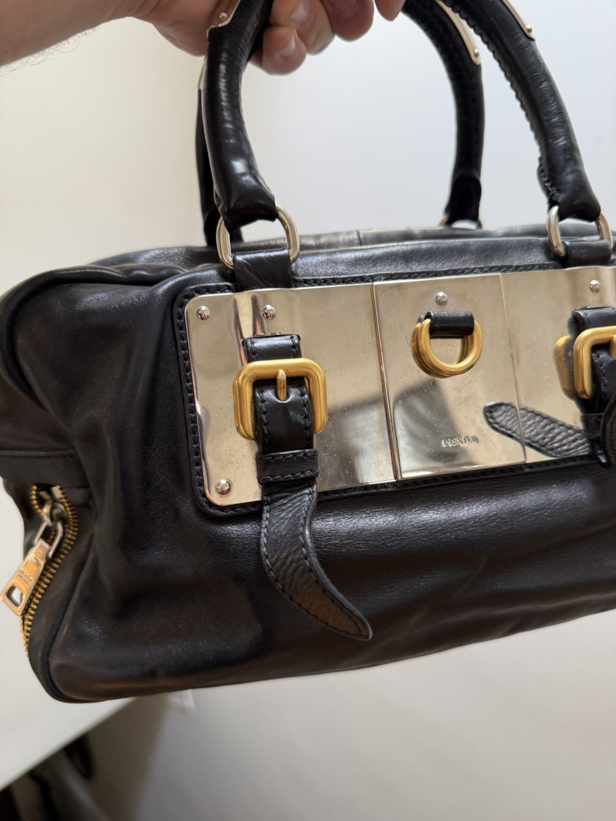 PRADA Black Top Handle Bag Gold Hardware Lock Buckle Accents Zip Closure