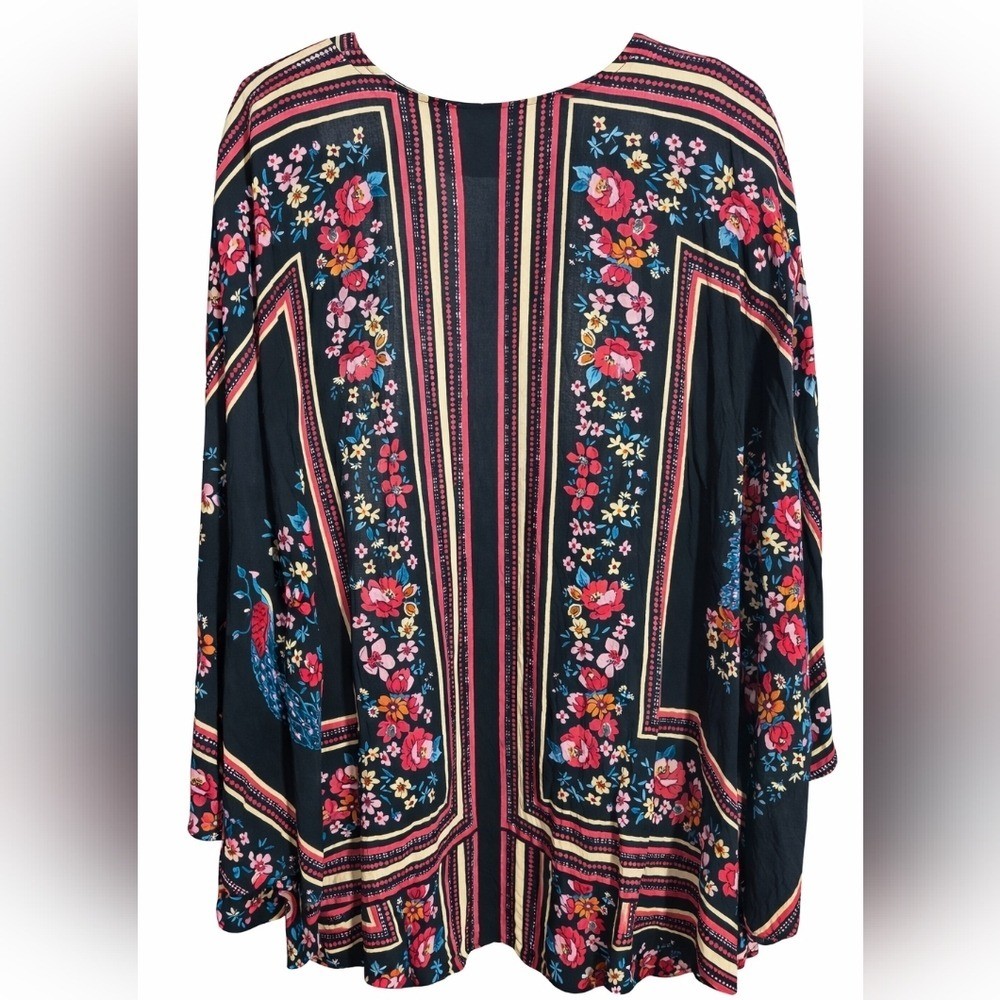 Angie Floral Boho Kimono Duster Black and Pink Sz Large
