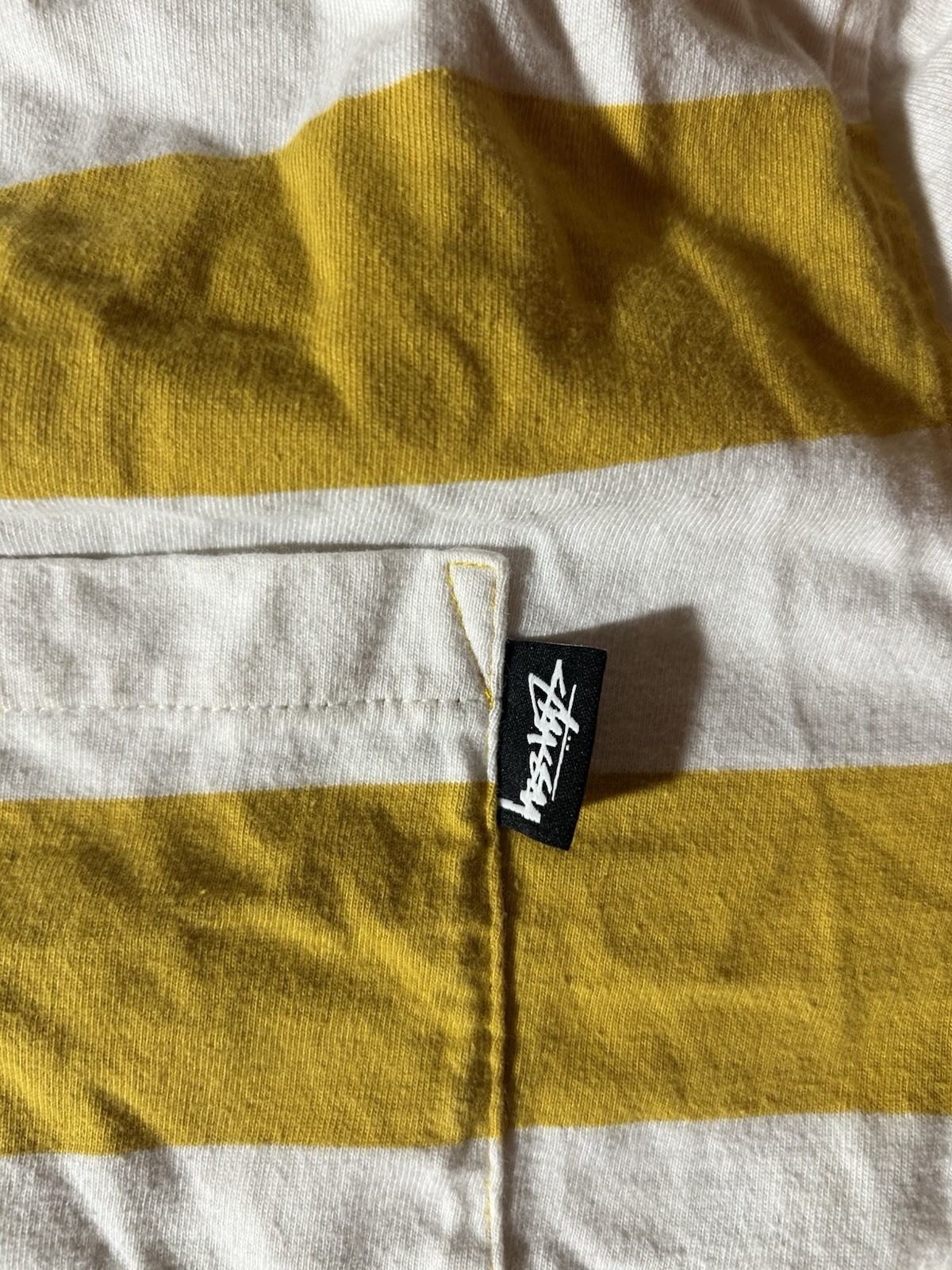 Stussy Yellow White Striped Pocket Logo Cotton Knit T-Shirt Men’s XL