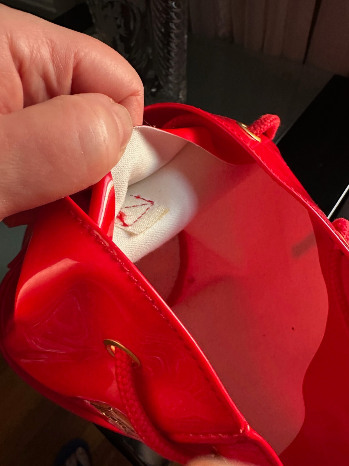 PRE-OWNED MOSCHINO BUCKET HANDBAG MADE IN ITALY BY REDWALL COLOR RED PVC PATENT