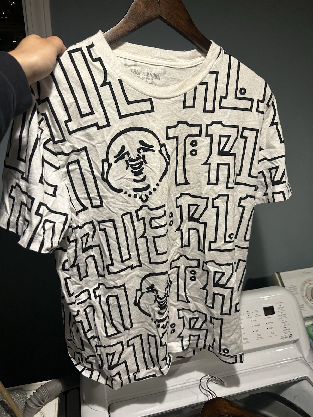 True Religion Men’s Graphic All Over Print Logo T Shirt White Black Size