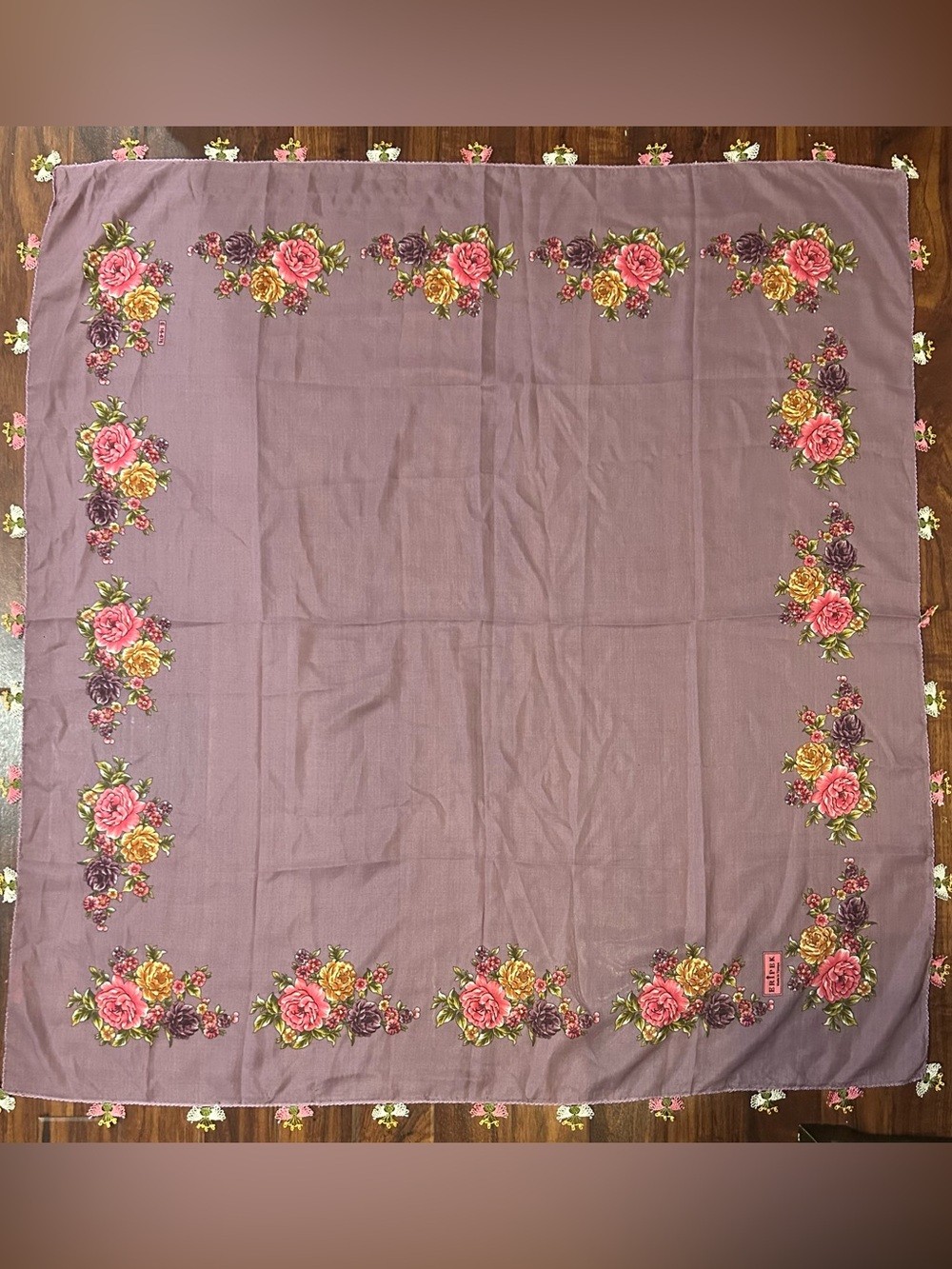 Eripek Purple Floral Print Silk Scarf with Oya Lace Edging