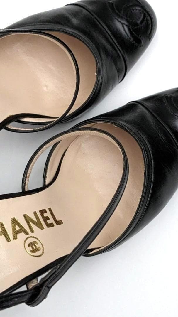 CHANEL Leather Ankle Strap Pumps Heels Black Size 35 (22.5cm) 9cm Heel 062260d