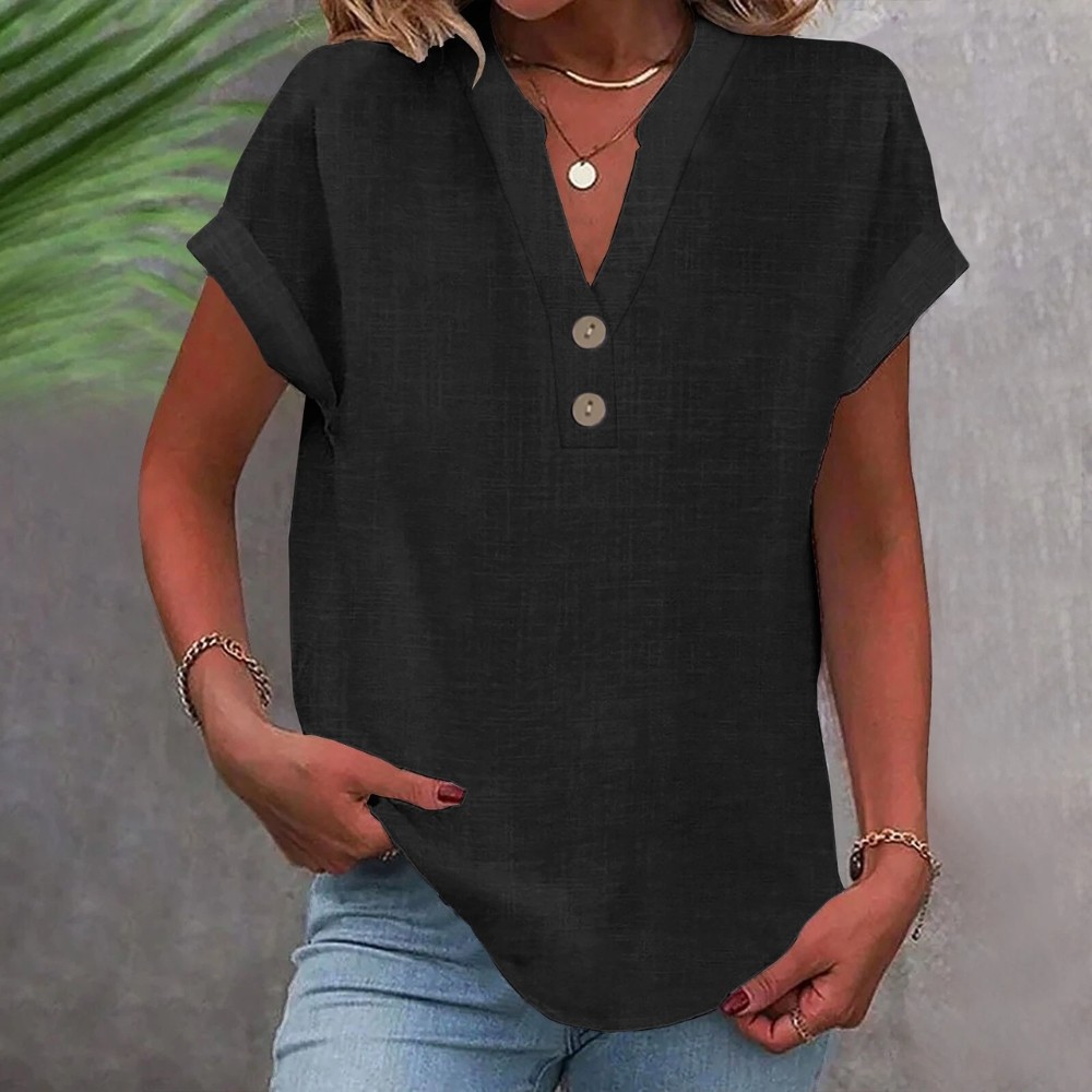 Women Cotton Linen Blouse V Neck Short Sleeve Loose Fit Casual Summer Top