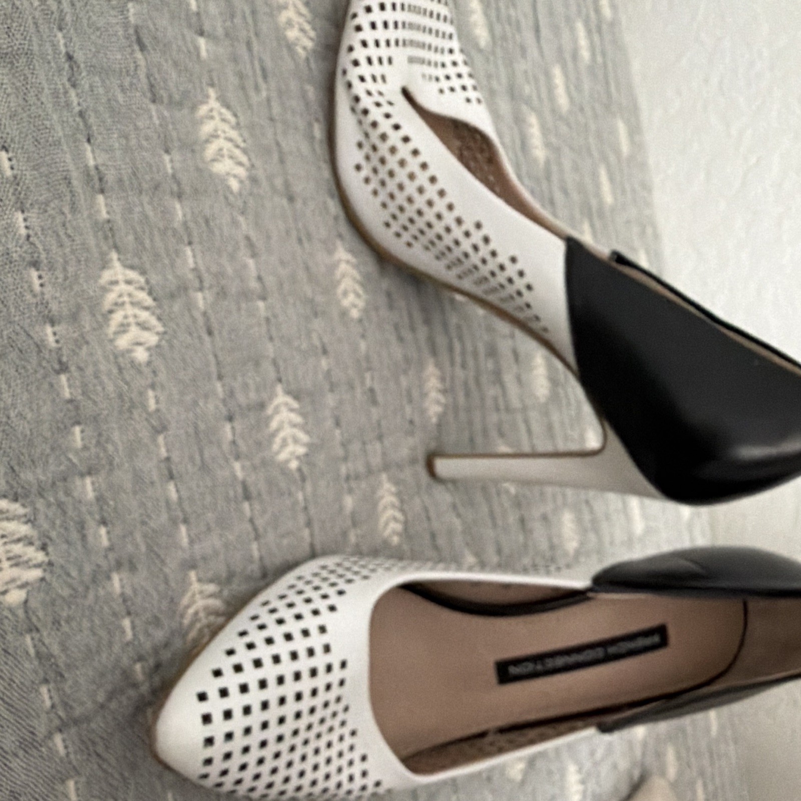 French Connection White/Black Pointed Toe Perforated Leather Slip On Pumps 7.5