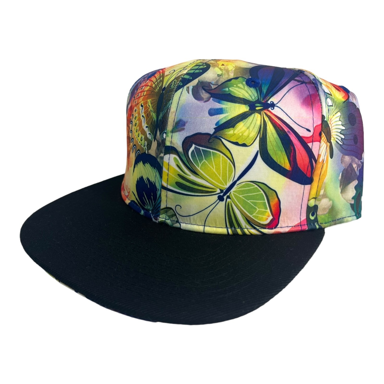 NEW FLORAL FLOWERS BUTTERFLY BLUE YELLOW ALL OVER SNAPBACK HAT ADULT SZ UNISEX