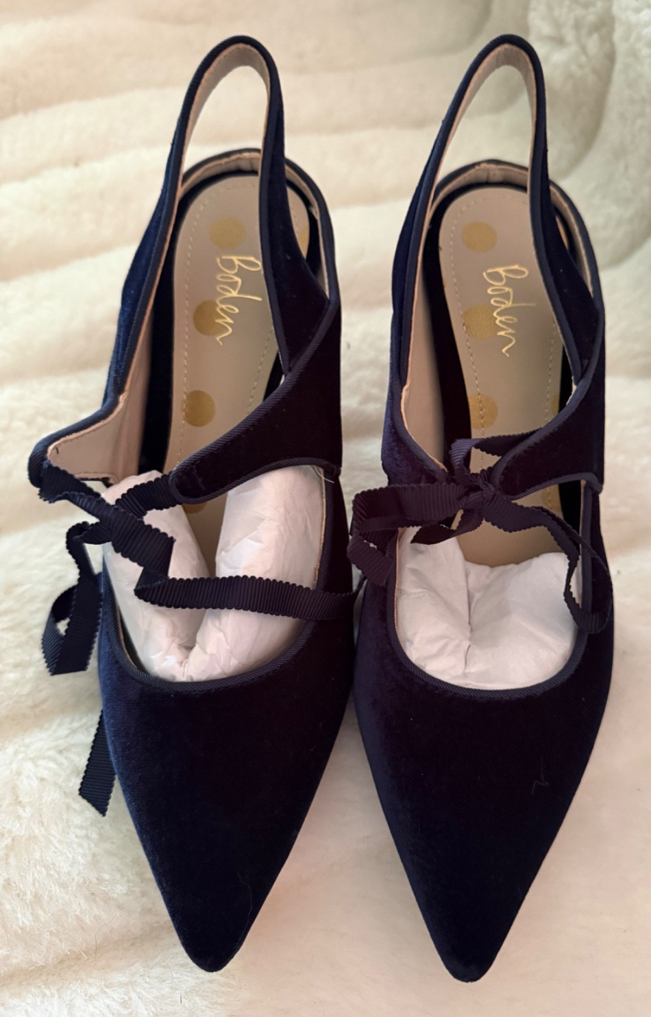 BODEN SIZE 38EU 7/7.5 Black Suede Covered Heel Slingback Stiletto Front Tie Bow