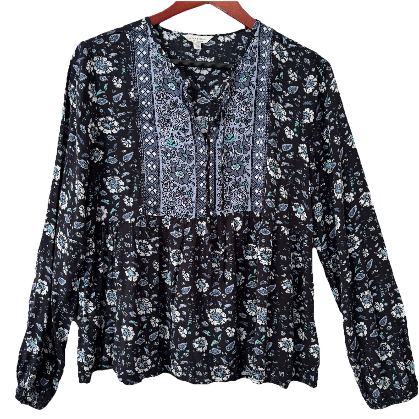 Womens Lucky Brand Blue Boho Peasant Shirt XS Top Floral Long Sleeve V Neck Tie