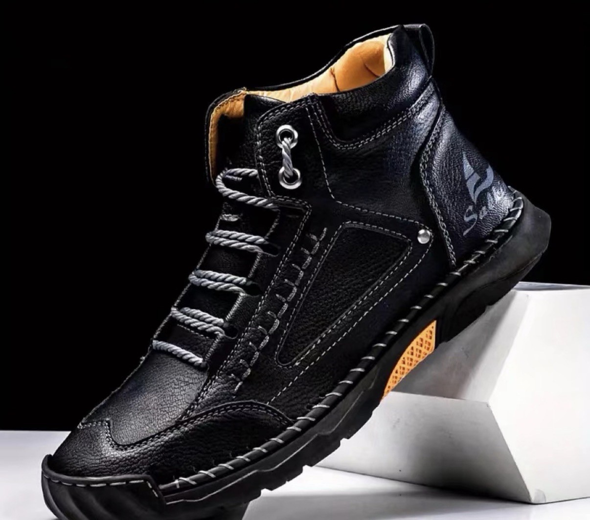 Salkin Black Leather Ankle Combat Boots Lace-Up Rugged Rubber Sole Men’s US 10