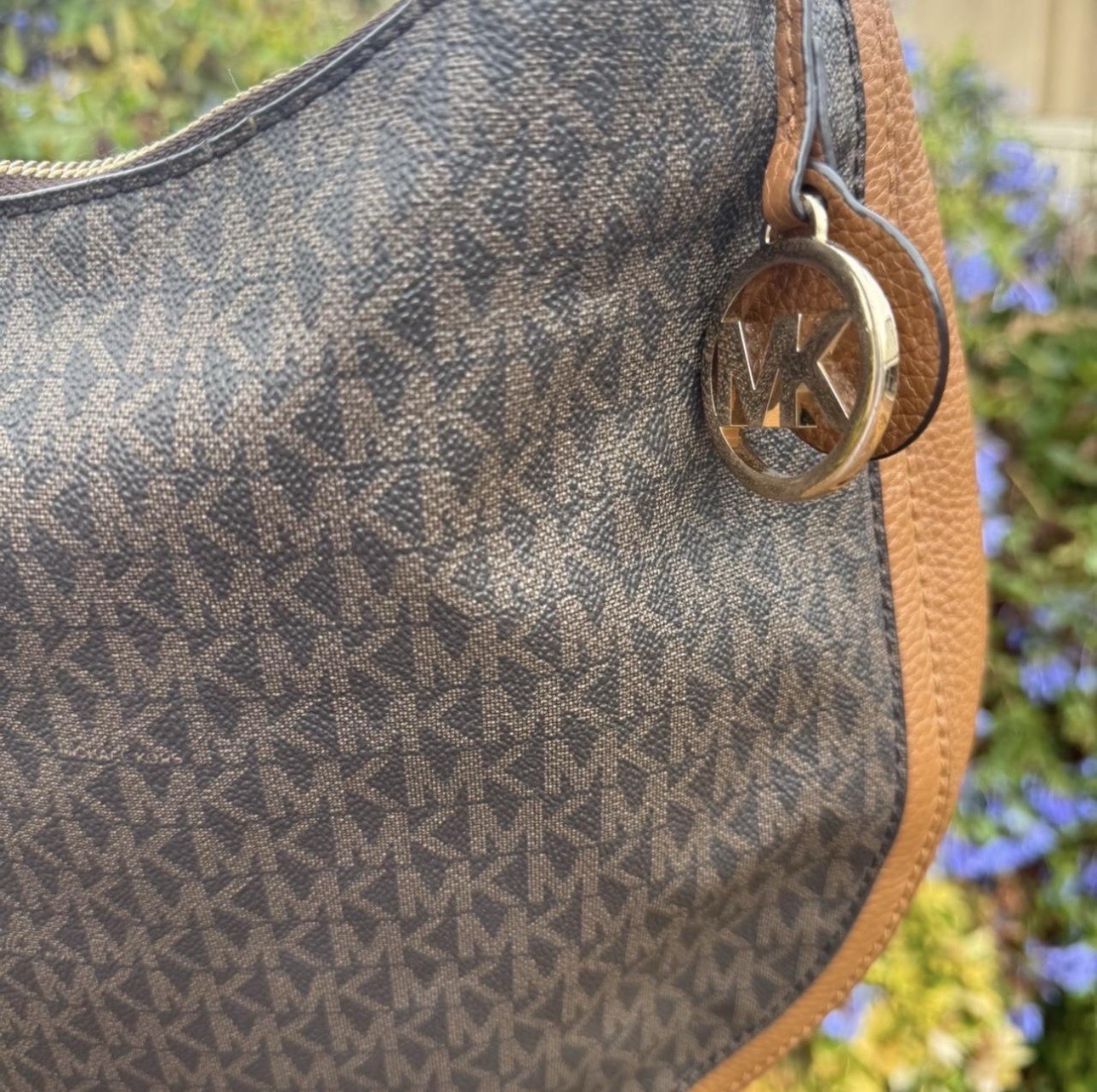 Michael Kors Brown Monogram Crescent Shoulder Bag Zip Top Charm Gold Hardware