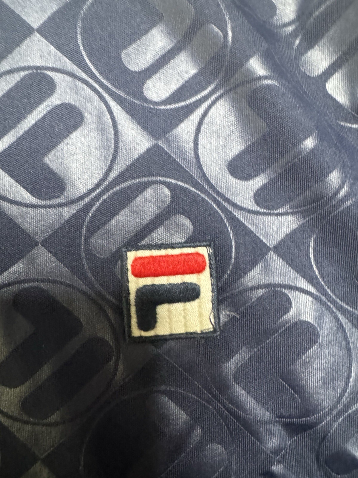 FILA Men’s Blue/White All-Over Logo Print Crew Neck Polyester T-Shirt XXL