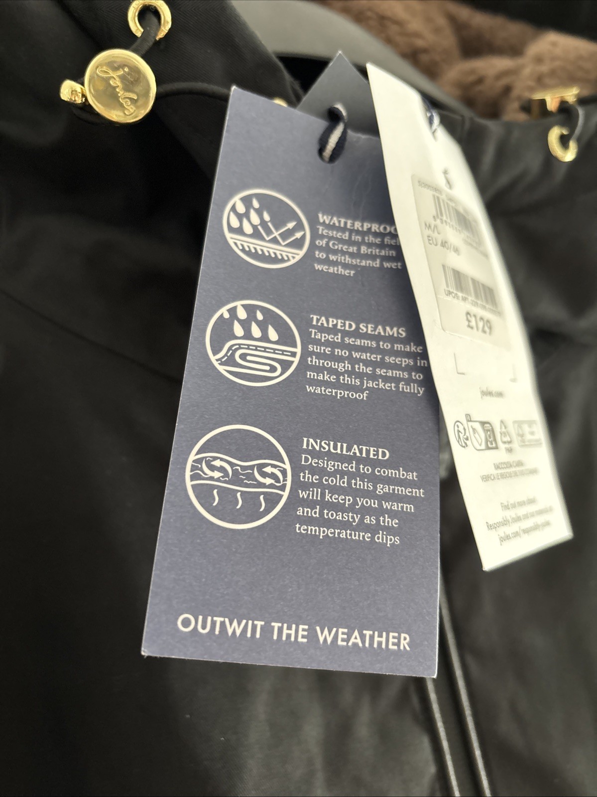 JOULES Coverwell Black Fleece Lined Waterproof Coat M/L EU40-46 BNWT RRP£129 Bl