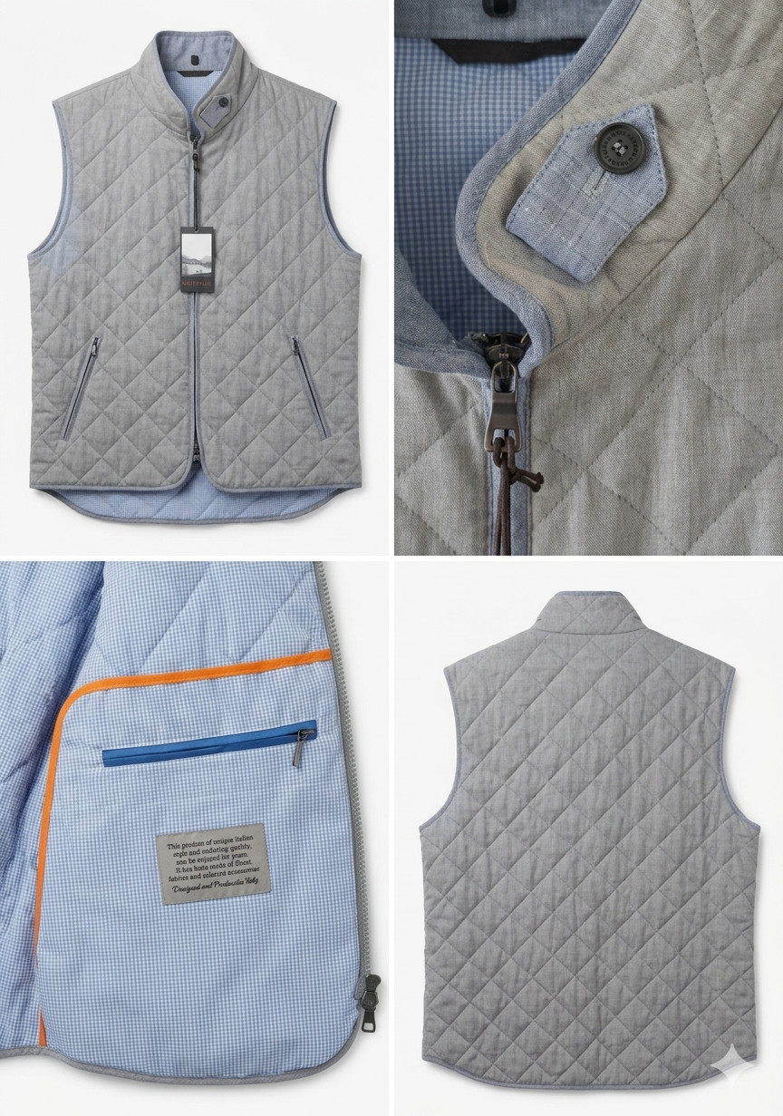 Waterville Fit Gray Quilted Vest Linen Cotton Lightweight Slim Fit 2XL (EU 56)