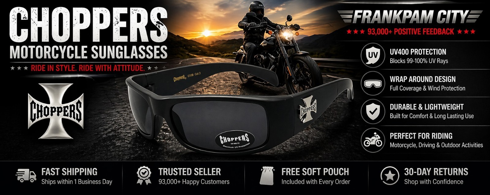Choppers Mens Motorcycle Sunglasses – Matte Black C11B