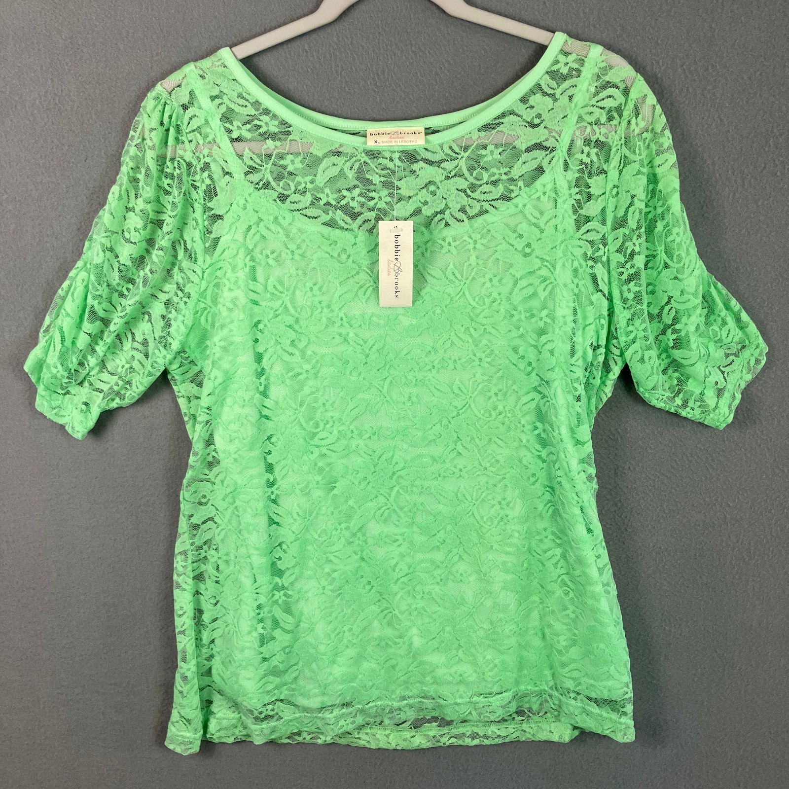 Bobbie Brooks Lace Short Sleeve Top Women’s Size XL Green Lined Floral Sheer NWT