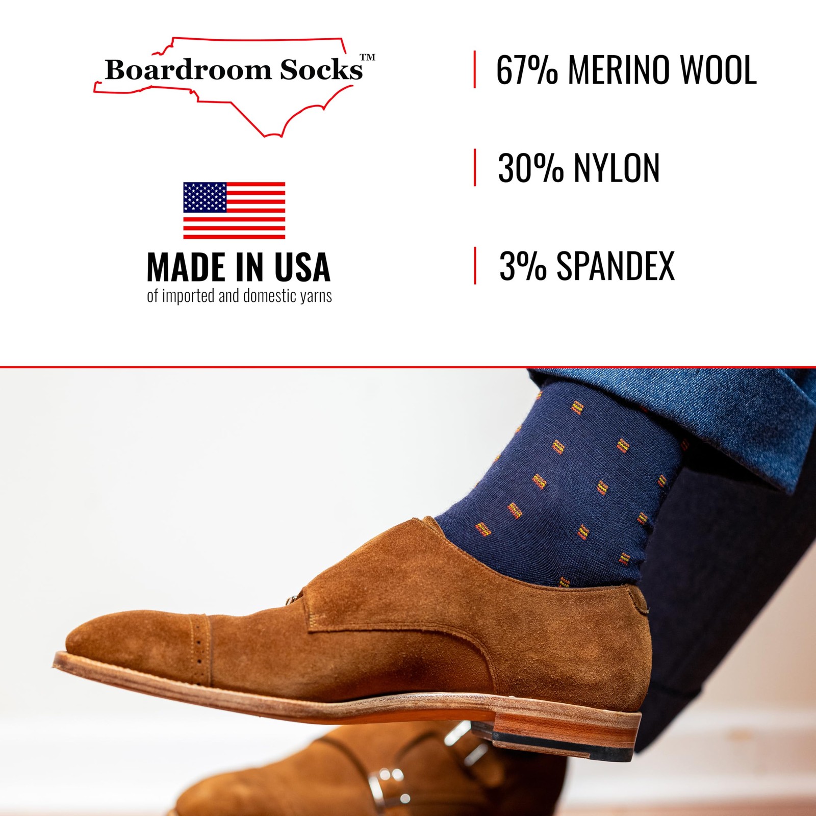 BoardroomSocks Merino Wool Mid-Calf Patterned 8-12, Navy With Orange Squares