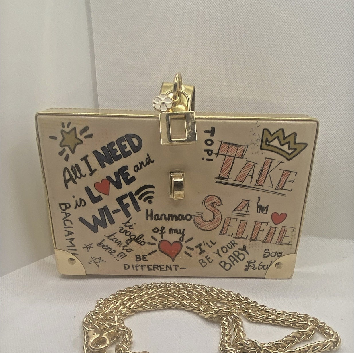 Gold Polished Metal Box Crossbody Bag w/ Detachable Chain Strap, Studs, Latch