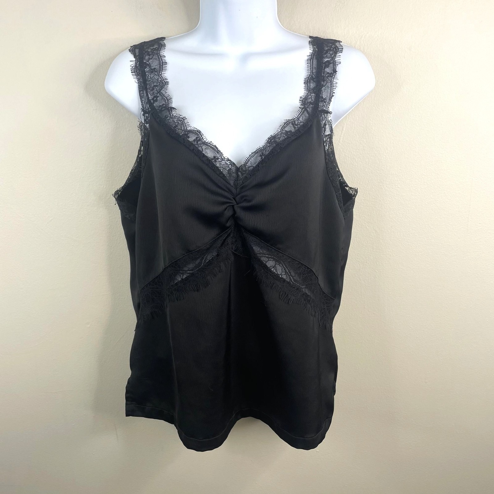 Y2K Tank Top Womens Large Babydoll Satin Silky Cami Sheer Panel Lace Trim Party