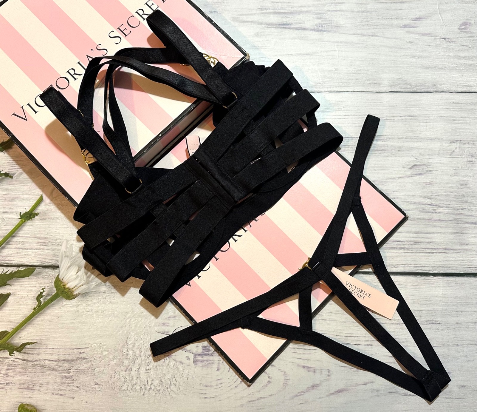 Victoria’s Secret Strappy Banded Unlined Criss Cross Balconet Bra Thong Set