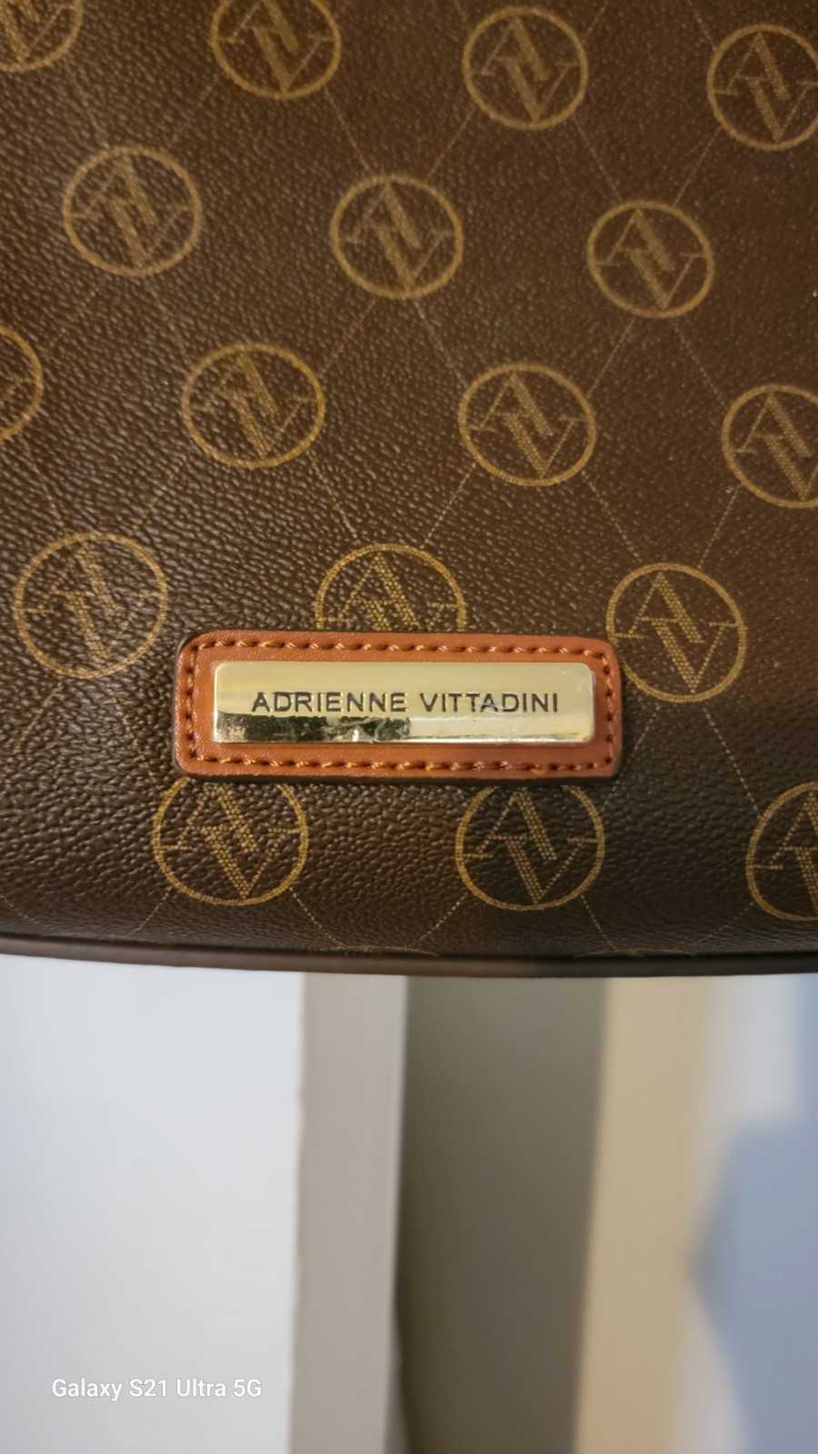 Adrienne Vittadini Monogram Shoulder Handbag Brown Purse Bottom Studs Base Zip