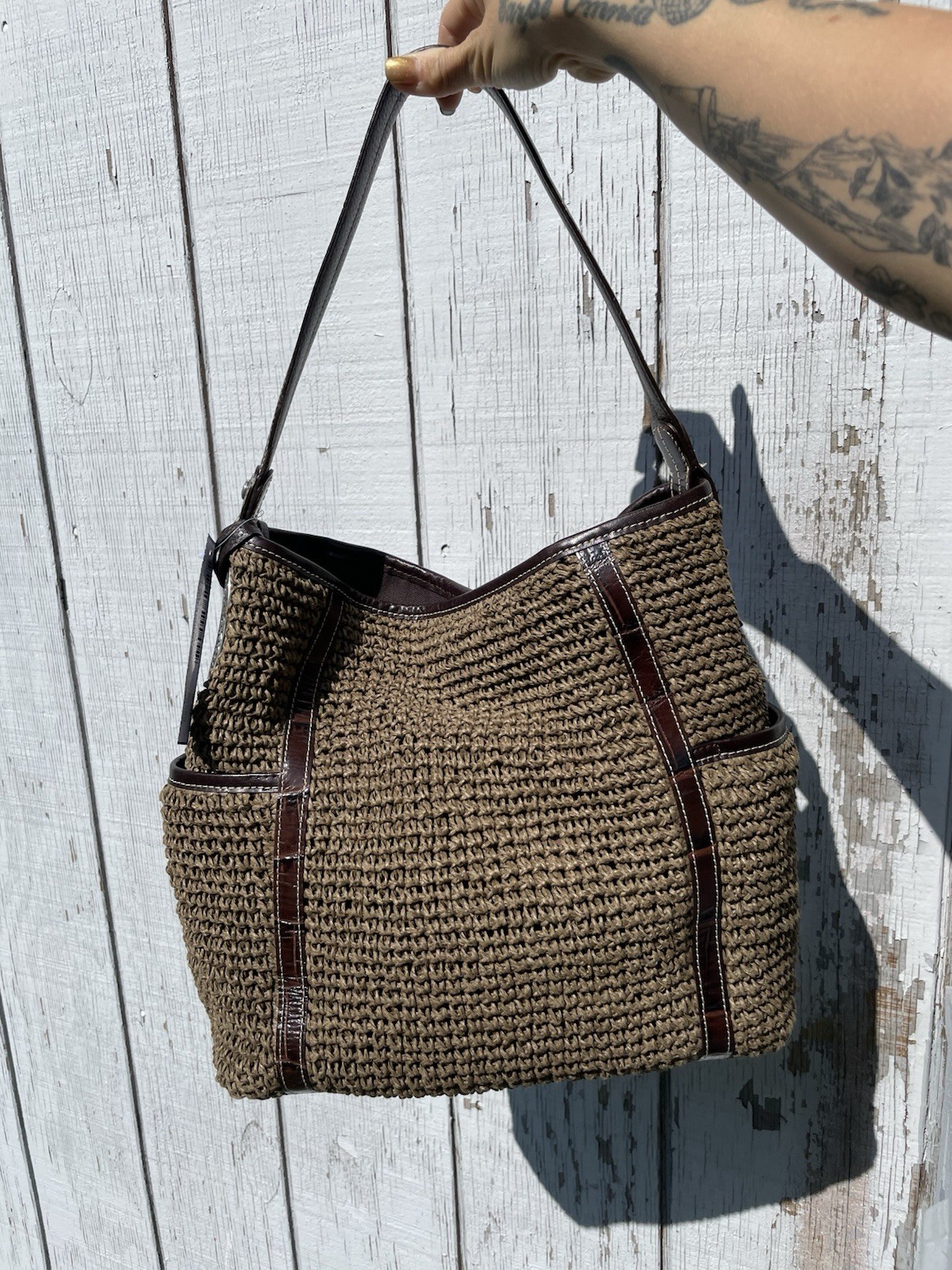 Brighton Salina Brown Woven Shoulder Bag Zip Closure Inner Pockets