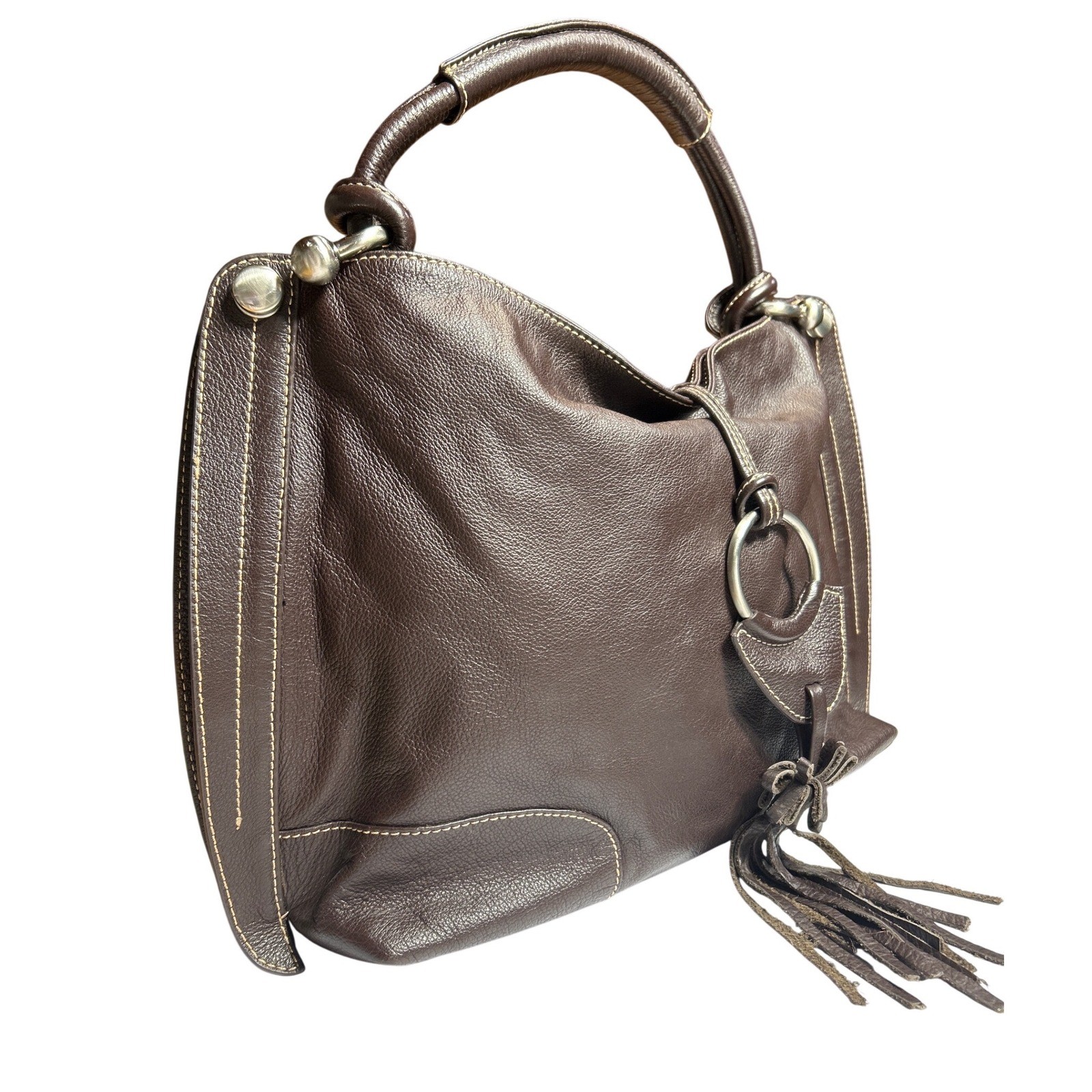 VTG Celsius Brown Genuine Leather Hobo Shoulder Bag Tassel Leopard Print Lining