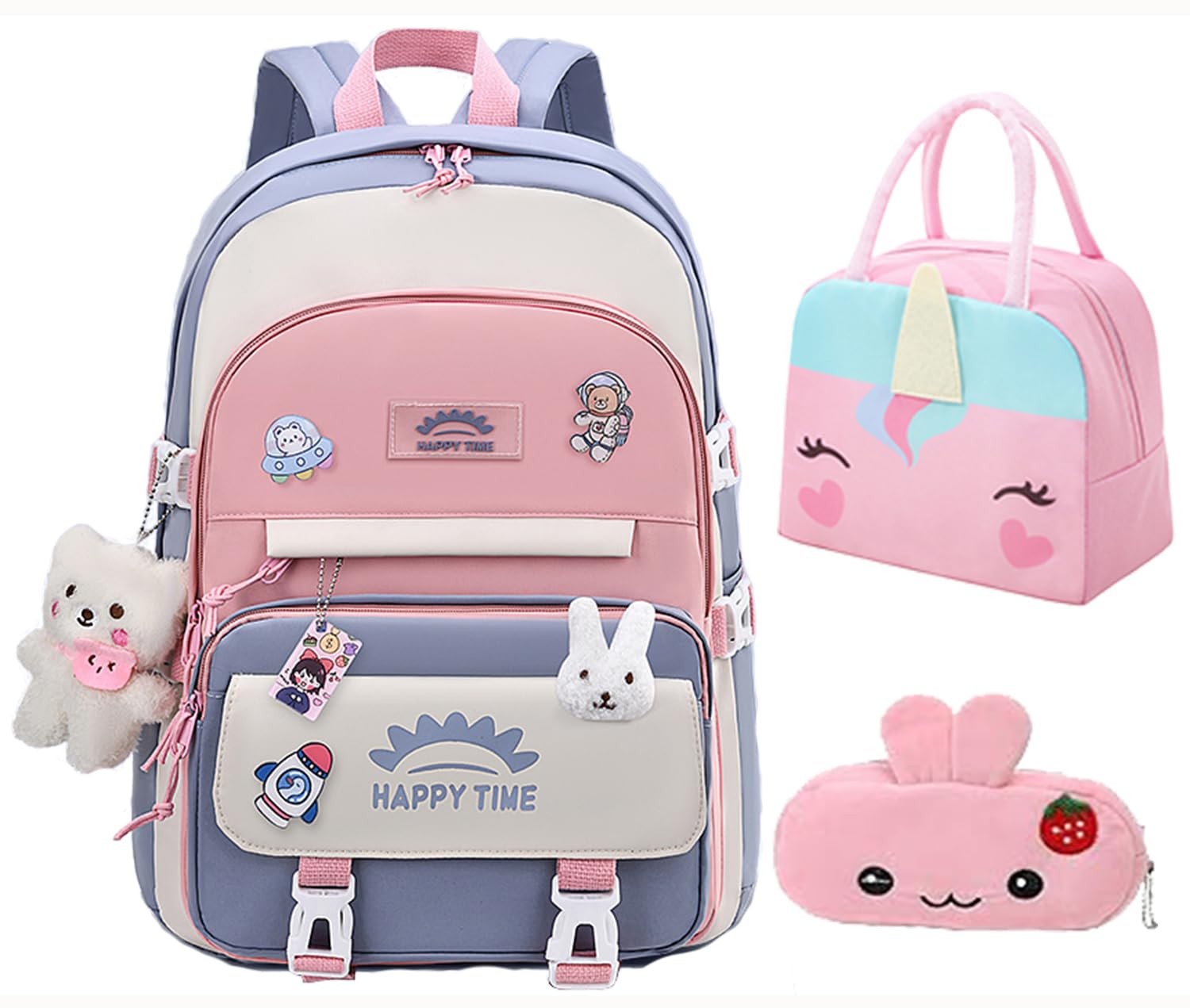 Girls Backpack M (17.7×11.8×7.9in) Kawaii School Bag with Lunch & Pencil Case