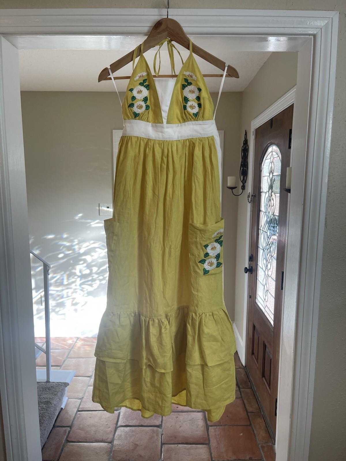 Fanm Mon Small Linen Yamile Floral Embroidered Halter Midi Dress Mustard Lime