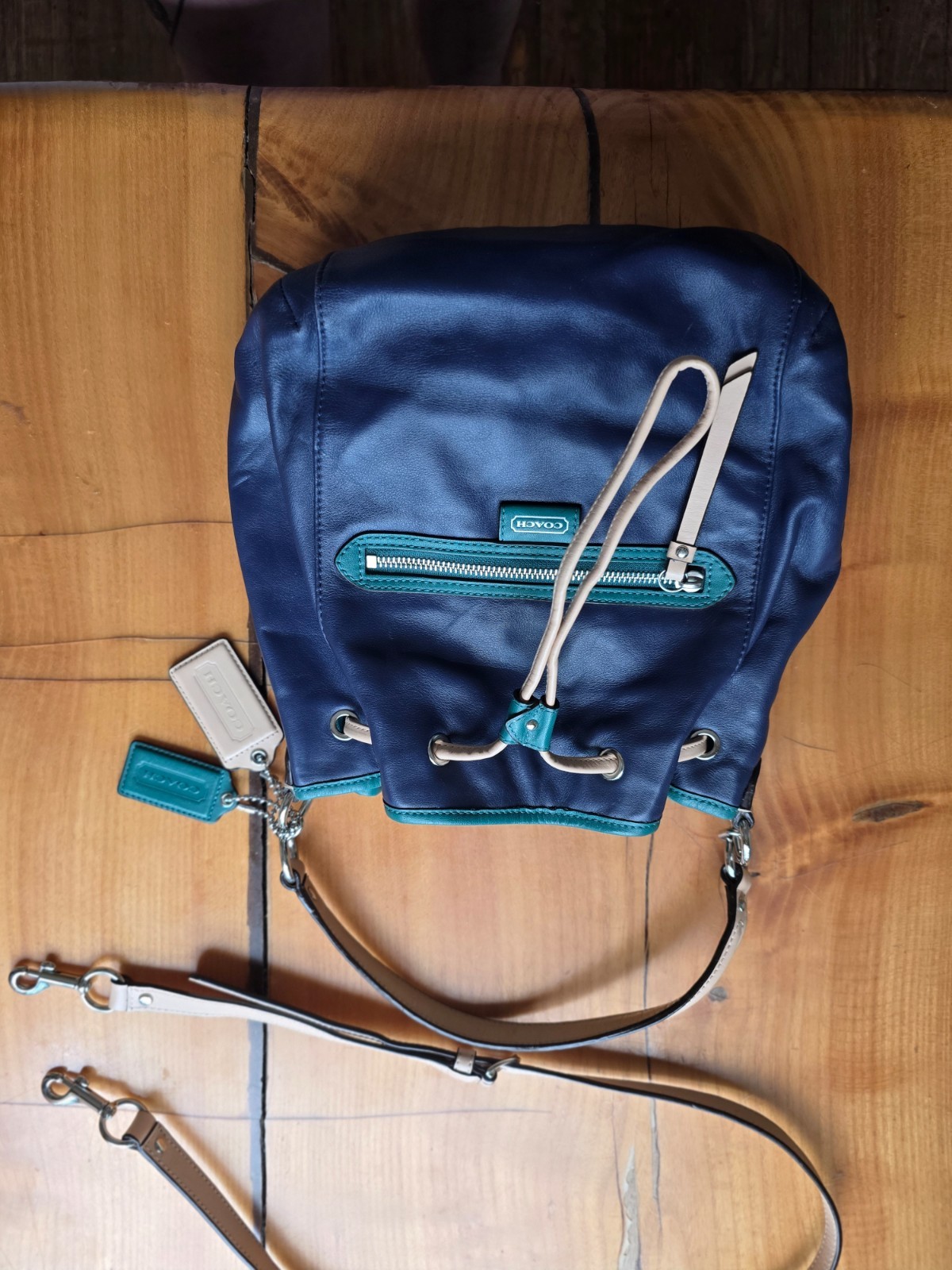 Coach Daisy Leather Drawstring Shoulder Bucket Bag Blue Green Tan Colorblock