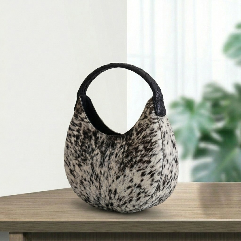 Genuine Cowhide Leather Tote Bag Brown White Hair On Hide Shoulder Handbag