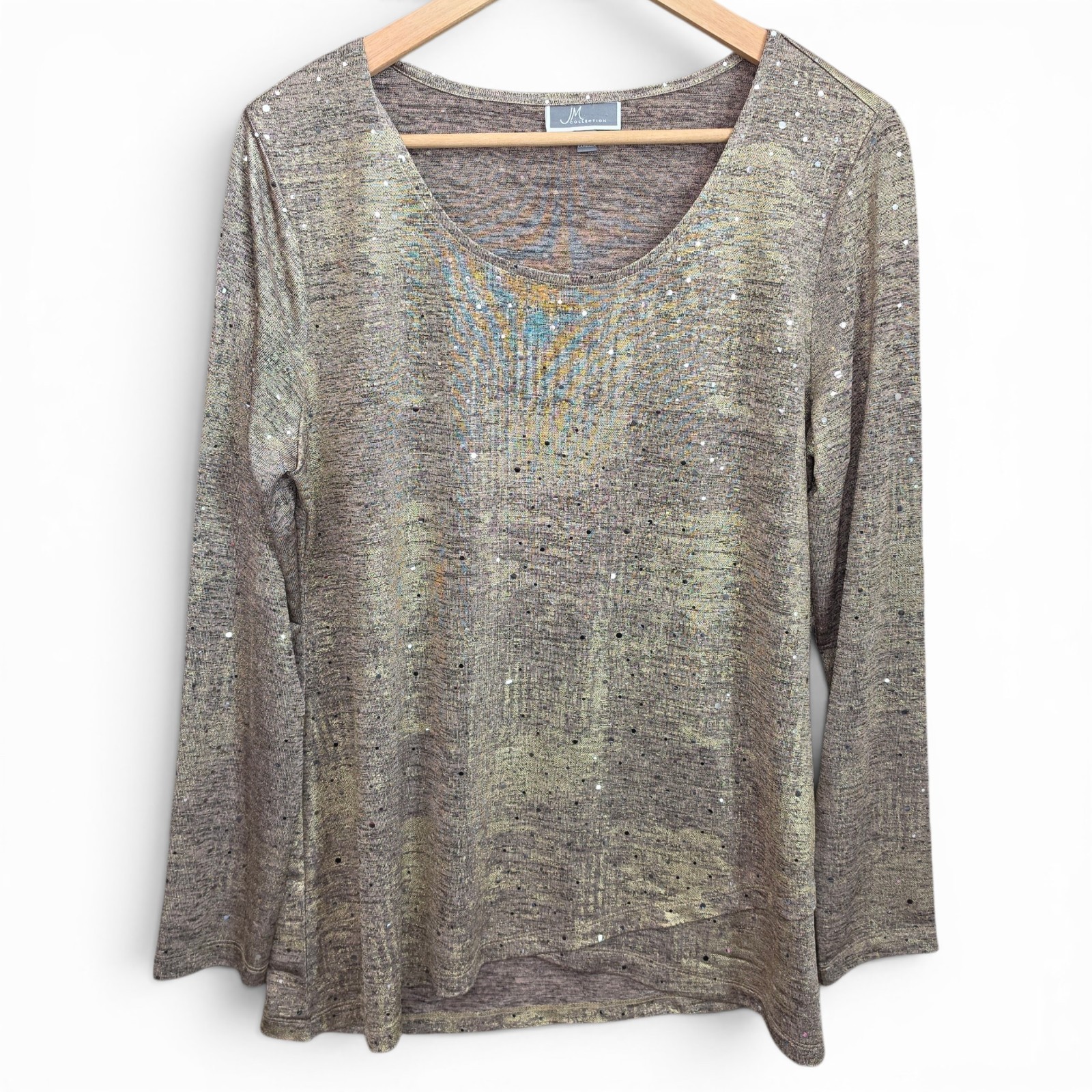 JM Collection Top Womens Medium Gold Shimmer Scoop Neck Blouse Semi Sheer