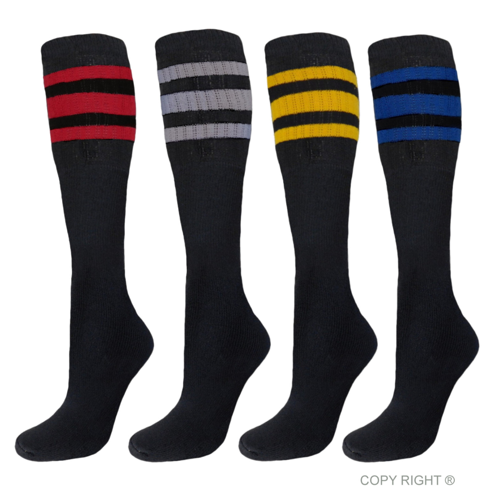 4 PK TUBE SOCKS COTTON 22 INCHES OLD SCHOOL SOCKS BLACK ASSORTED STRIPED COLORS