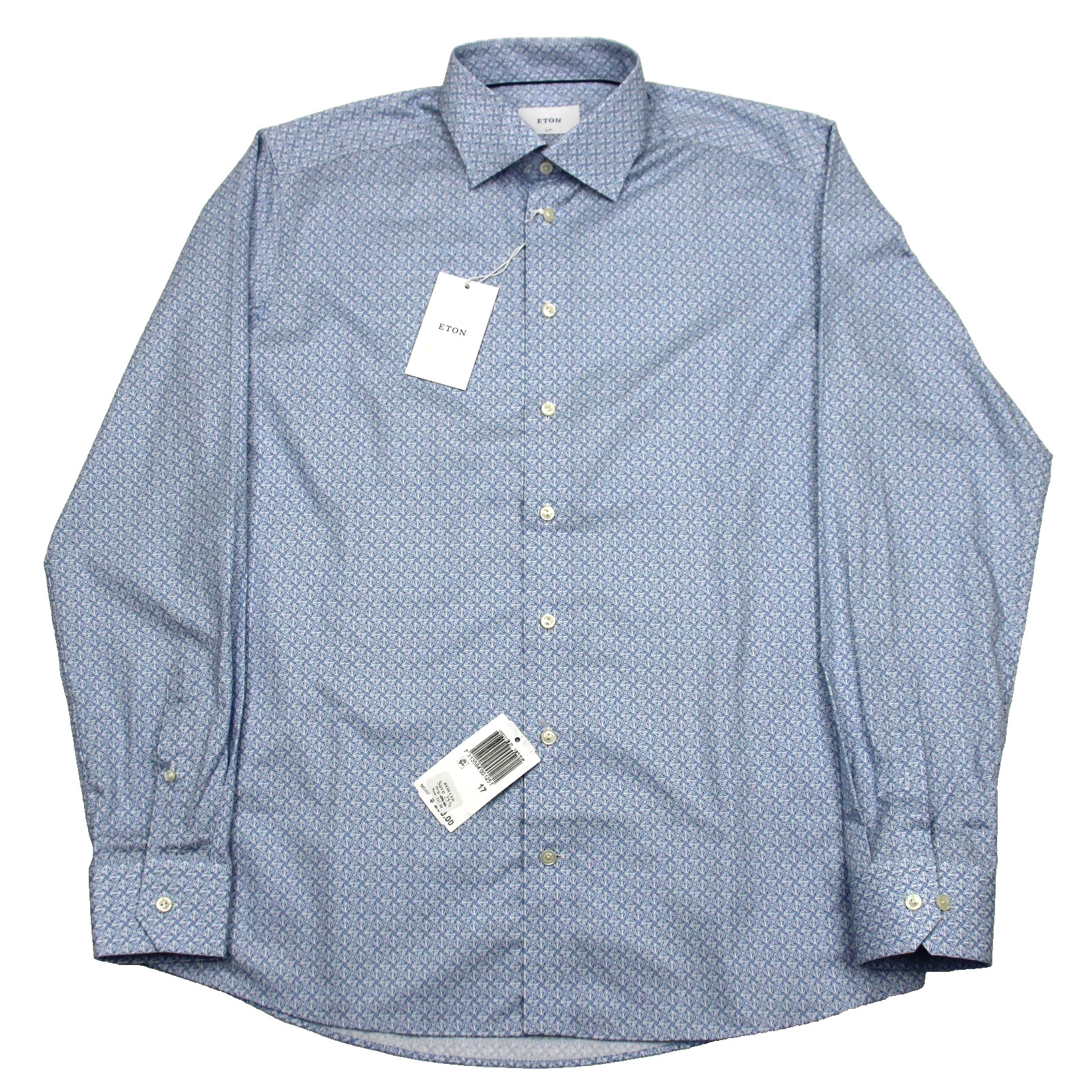 $290 Eton Shirt Mens 43 17 Light Blue Floral Slim Fit Dress Long Sleeve Cotton