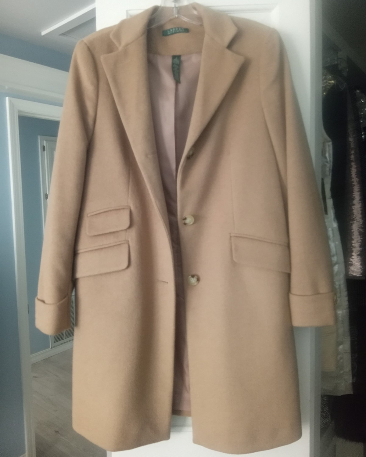 Lauren Ralph Lauren Beige Mid-Length Button Front Overcoat Lined Pockets 2