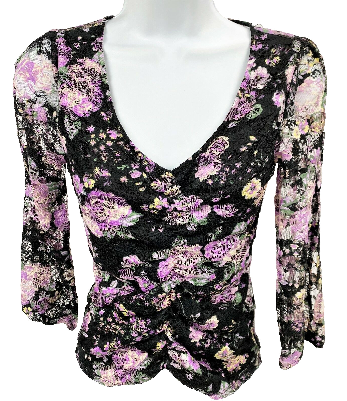 Junior Medium Almost Famous Lace Top Slit Sleeves Shirt Pullover Semi Sheer