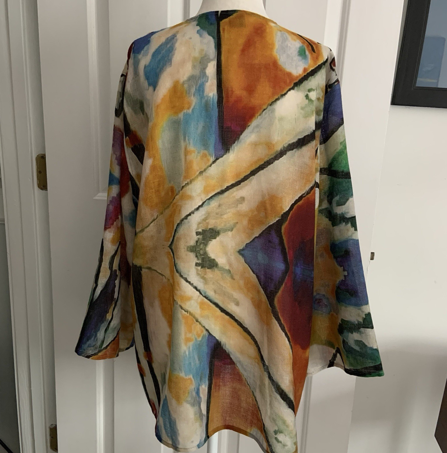 Tao House Open Cardigan 100% Sheer Wool L/XL Hand Printed Abstract *Sm FLAW