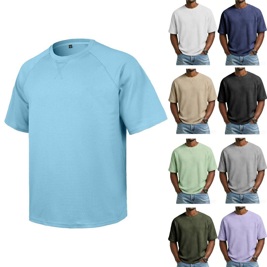 Men’s solid color embroidered raglan crew neck casual sports short sleeve