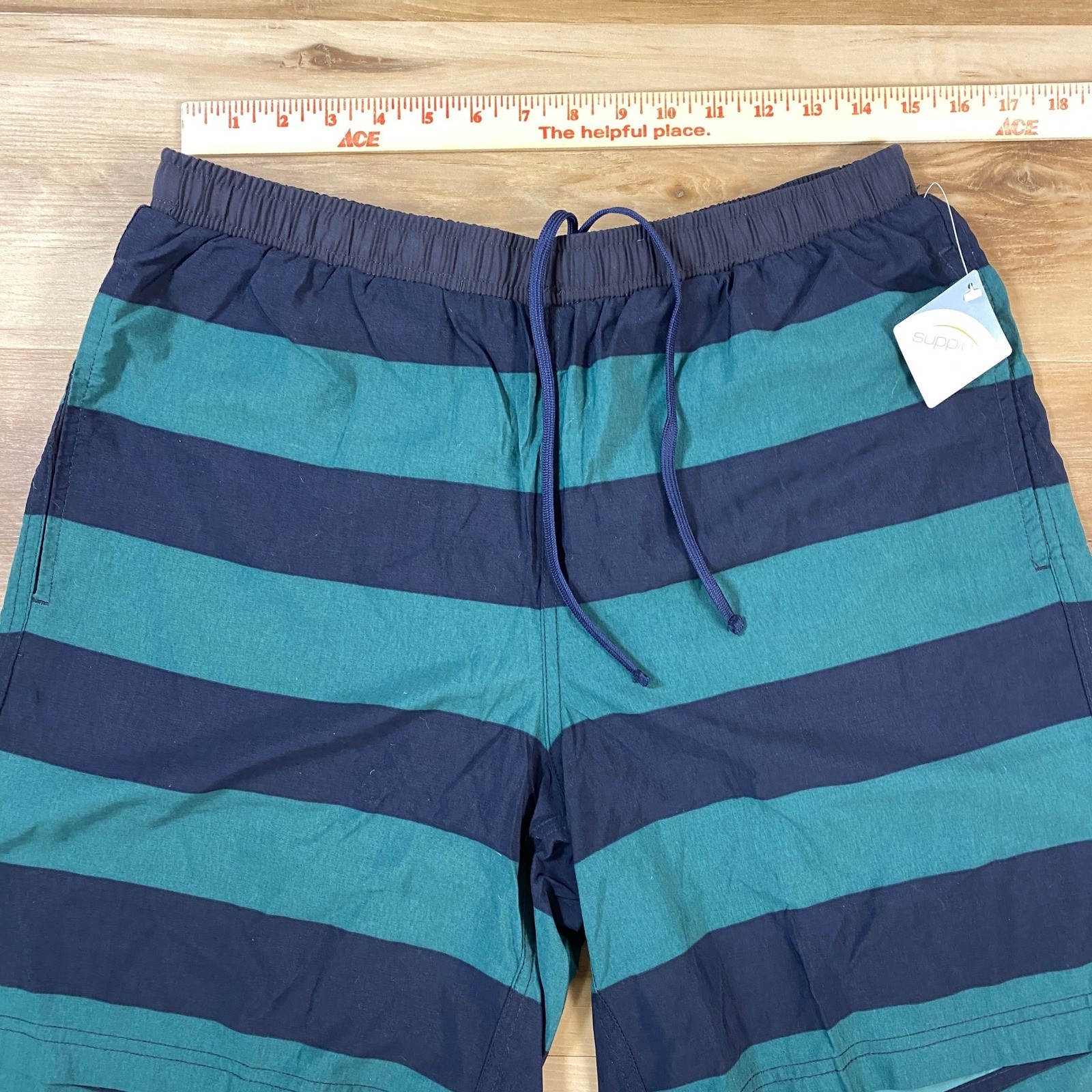 LL Bean Mens Supplex Nylon Striped Swim Trunks Navy Teal Green Medium 281301