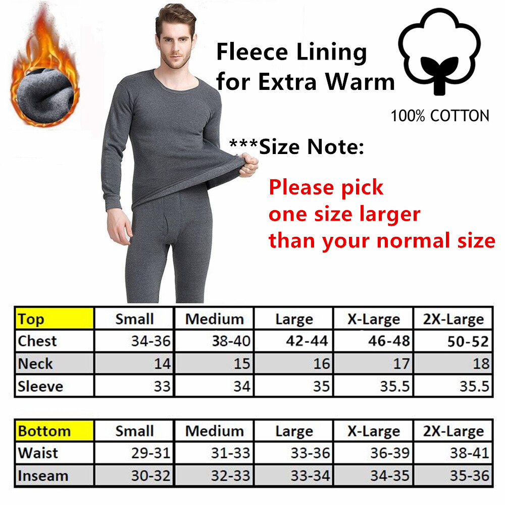 Men 100% Cotton Fleece Lined Thermal Long Johns Top & Bottom 2Pc Underwear Set