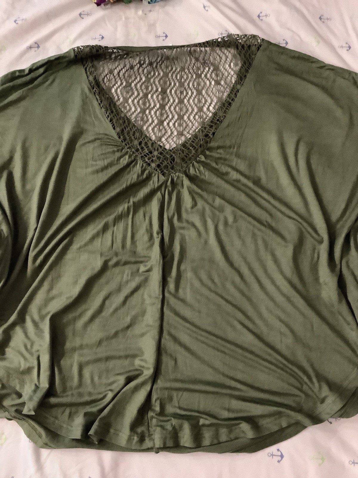 Glitz Women’s Olive Green Lace V-Neck Circle Batwing Dolman Sleeve Blouse 2X