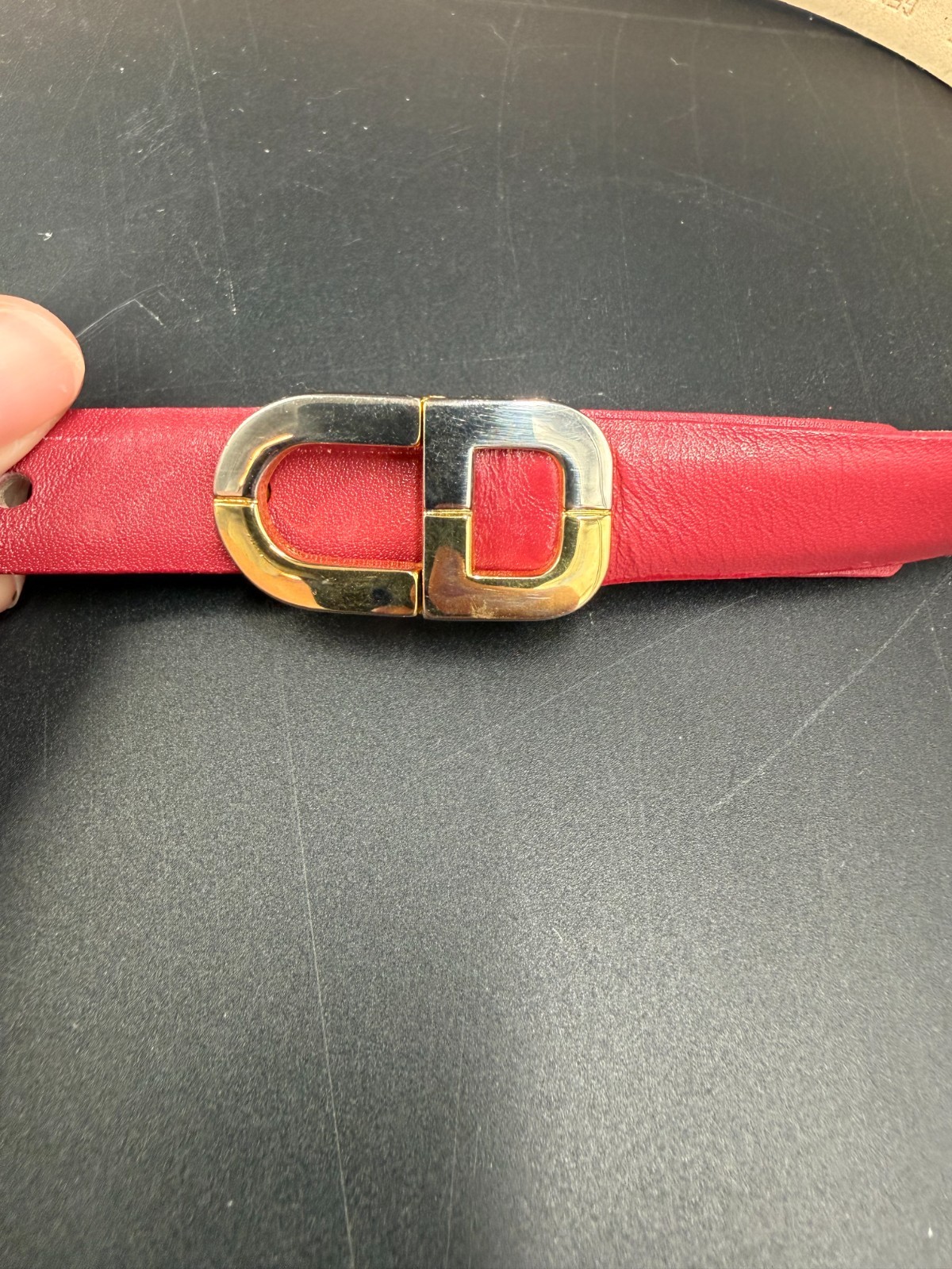 Vintage 80’s CHRISTIAN DIOR Red Leather Belt Two-Toned CD Buckle Silver and Gold