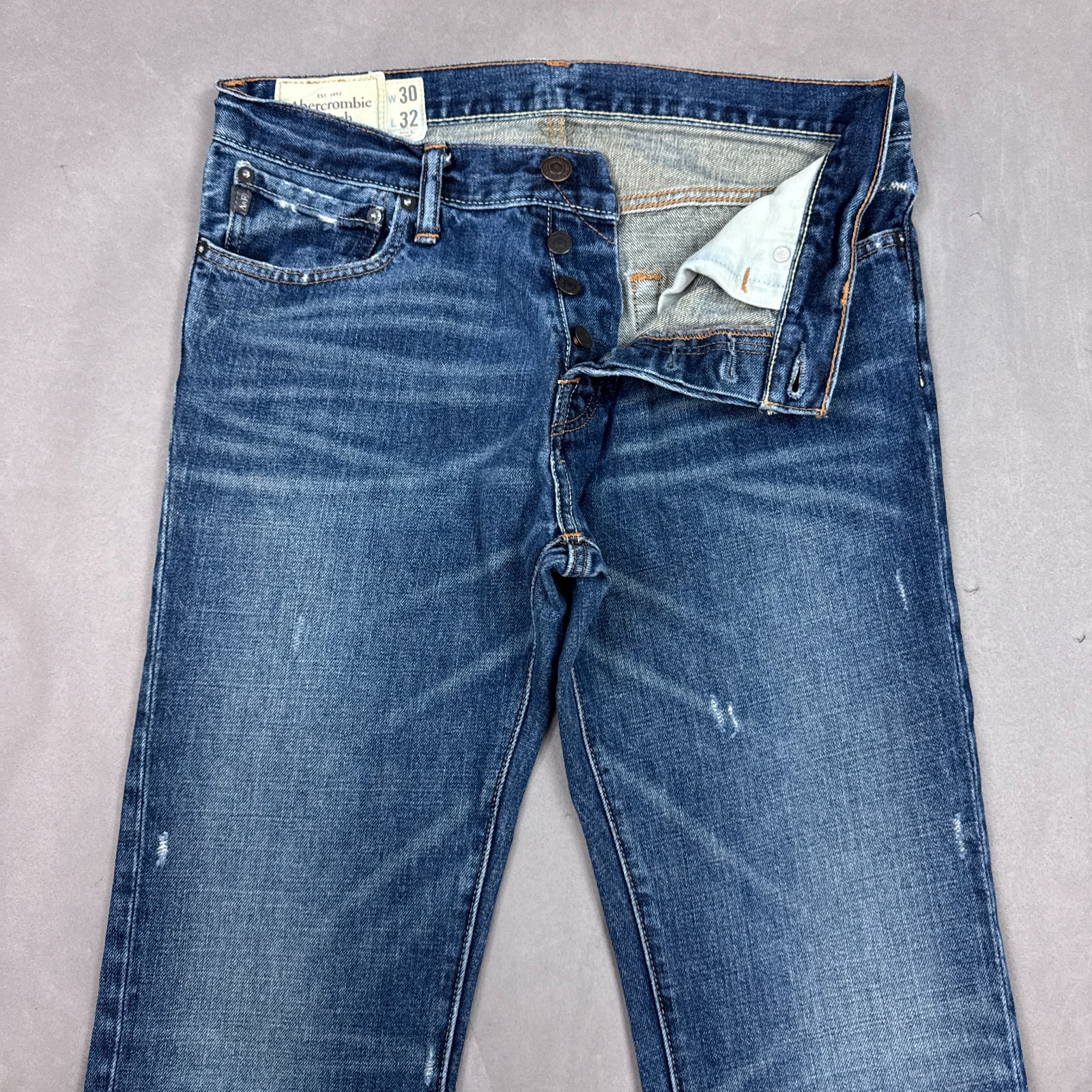 Abercrombie Fitch Jeans Men 32×34 Blue Baxter Boot Thrashed Button Fly(Tag30x32)